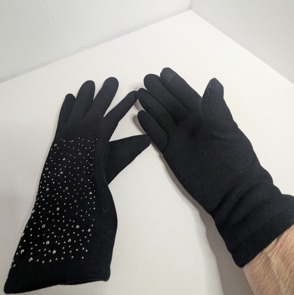 Black Nylon Gloves Faux Fur Lined Gloves Touch Screen - Picture 2 of 4